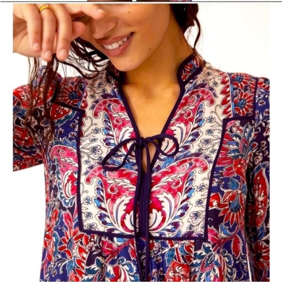 Anthropologie Dress Womens Small Red Blue Paisley Boho Western Cottage Tunic - Picture 5 of 11